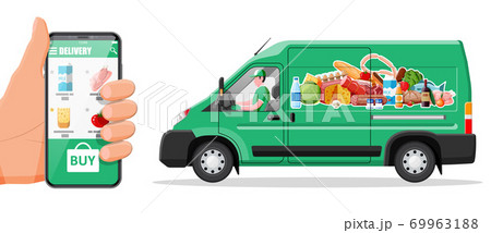 Delivery van full of food and smartphone. 69963188