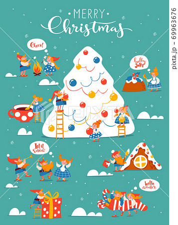 Cartoon Christmas hygge card with funny gnomes and greetings. 69963676
