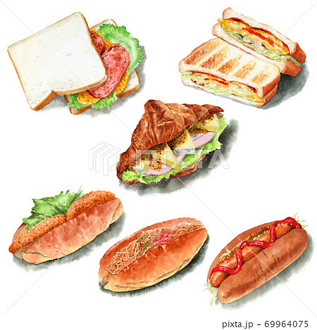 水彩で描いたいろいろなサンドイッチのイラスト素材