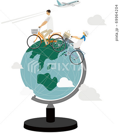 男女がサイクリングで回る地球儀のイラストのイラスト素材
