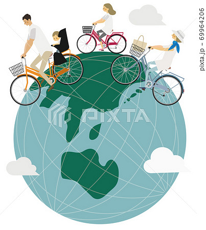 家族でサイクリングで回る地球儀のイラストのイラスト素材
