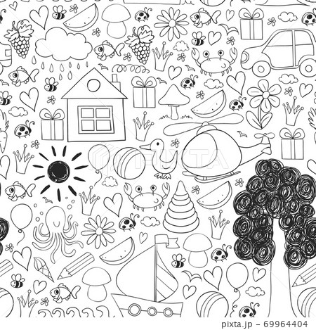 Vector kindergarten pattern with helicopter, house, toys, ship. Boys and girls online education. 69964404