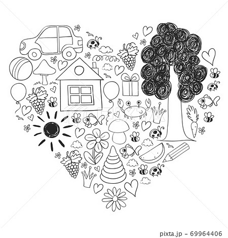 Vector kindergarten pattern with helicopter, house, toys, ship. Boys and girls online education. 69964406