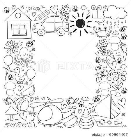 Vector kindergarten pattern with helicopter, house, toys, ship. Boys and girls online education. 69964407