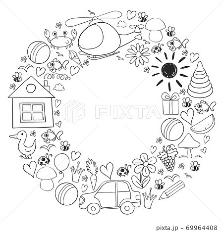 Vector kindergarten pattern with helicopter, house, toys, ship. Boys and girls online education. 69964408