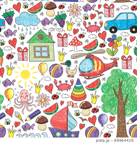 Vector kindergarten pattern with helicopter, house, toys, ship. Boys and girls online education. 69964420