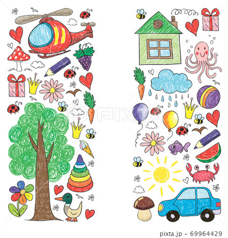 Vector kindergarten pattern with helicopter, house, toys, ship. Boys and girls online education. 69964429