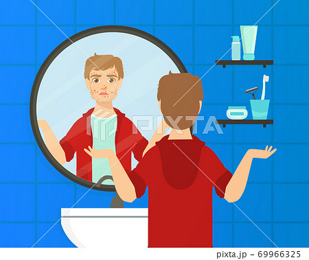 Guy with Skin Problems Looking at Himself into Mirror in Bathroom Vector Illustration 69966325