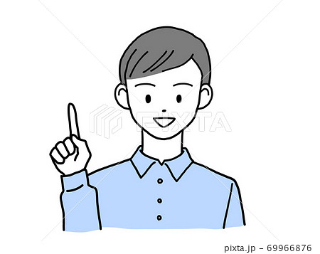 笑顔で指差しポーズをとる若い男性 左手のイラスト素材