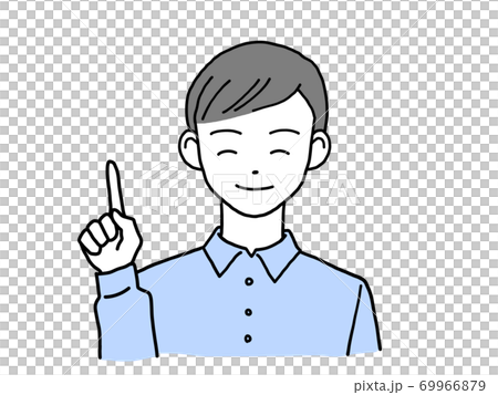 笑顔で指差しポーズをとる若い男性 左手のイラスト素材