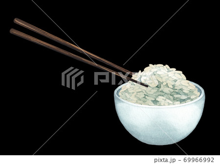 Watercolor bowl of white rice with the wooden sticks 69966992