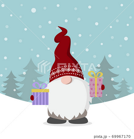 かわいいクリスマスの小人が雪景色の中でプレゼントを持っているイラストのイラスト素材