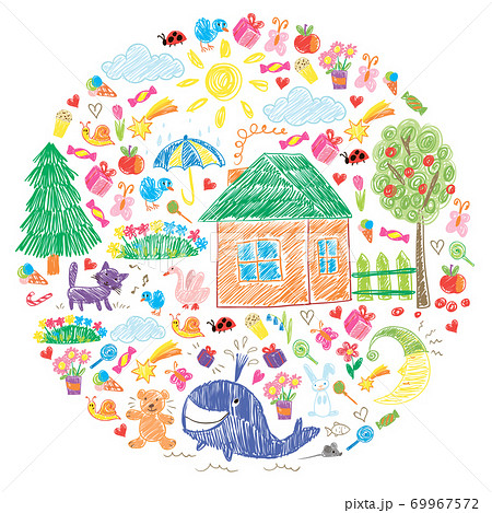 Kindergarten. Kids drawing style. Family. Mother, father, sister, brother. Boys and girls. Vector pattern. 69967572