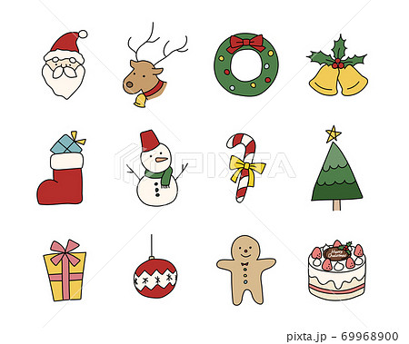 クリスマスのかわいい手描きアイコンのセット サンタクロース トナカイ ツリー ベル イラスト 冬のイラスト素材 69968900 Pixta