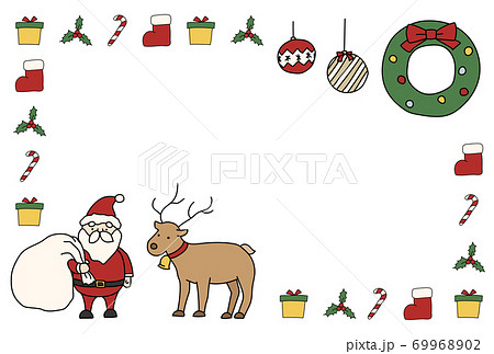 クリスマスのかわいいフレーム 手描き 飾り 枠 カード サンタクロース トナカイのイラスト素材