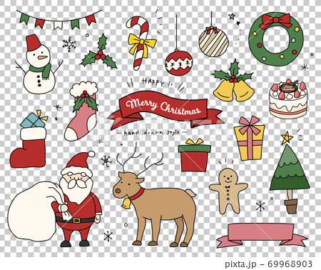 クリスマスのかわいい手描きイラストのセット サンタクロース トナカイ ツリー ベル おしゃれ 冬のイラスト素材