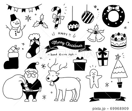 クリスマスのかわいい手描きイラストのセット サンタクロース トナカイ ツリー ベル おしゃれ 冬のイラスト素材