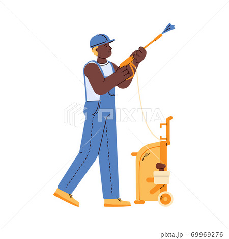 Janitor or cleaner cleans with a mini-washer, flat vector illustration isolated. 69969276