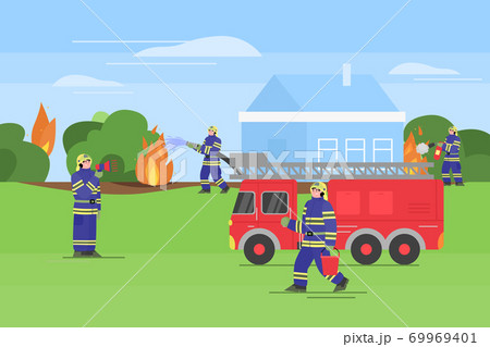 Firefighters extinguish the outdoor fire around house a vector illustration 69969401