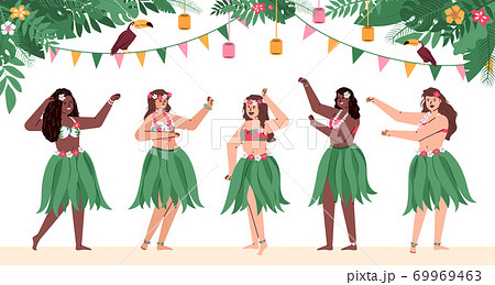 Group of hawaiian girls in traditional costumes...のイラスト素材 [69969463