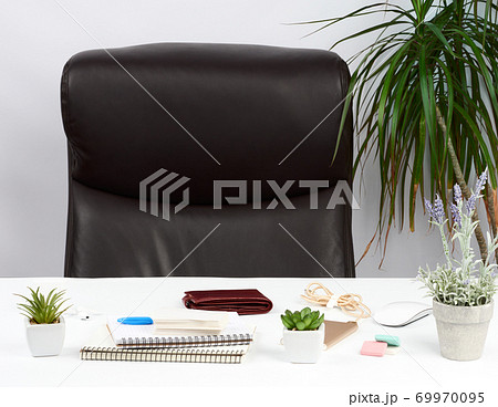 an empty brown leather armchair near a white table with a stack of notebooks, a purse and flowerpots with flowers 69970095
