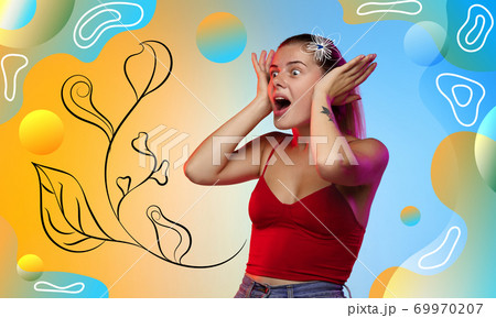 Caucasian woman's portrait isolated on bright, modern illustrate background. 69970207