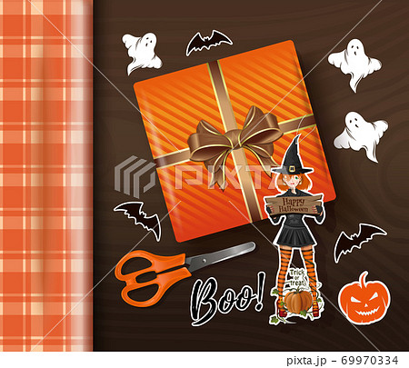 Table with Halloween decorations top view. Vector Table with Halloween decorations top view. Vector 69970334