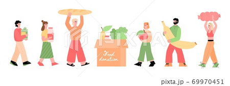 People donating food in donation box, flat cartoon vector illustration isolated People donating food in donation box, flat cartoon vector illustration isolated 69970451