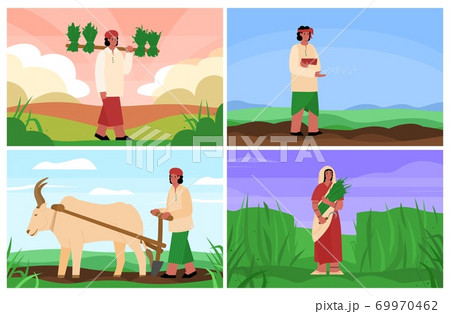 Agricultural works of indian peasants or country people, vector illustration. Agricultural works of indian peasants or country people, vector illustration. 69970462