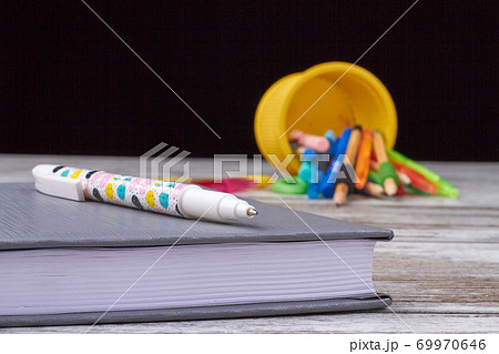 Pen is laying on the book. 69970646