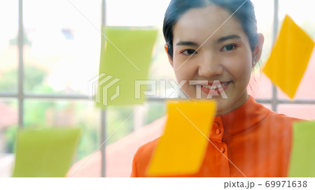Business people work on project planning board Business people work on project planning board 69971638