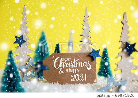 Trees, Snowflakes, Yellow Background, Label, Merry Christmas And Happy 2021 Trees, Snowflakes, Yellow Background, Label, Merry Christmas And Happy 2021 69971926