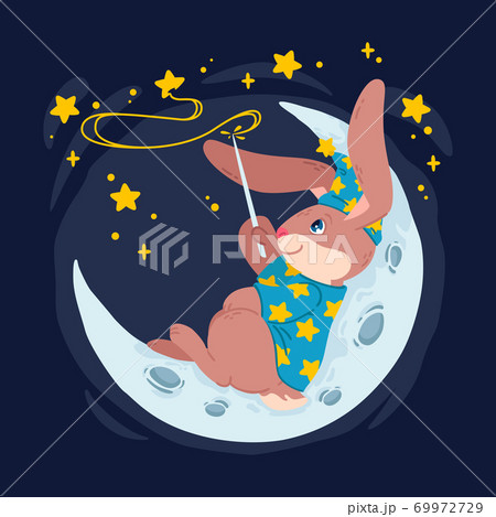 Rabbit magician with magic wand make stars on the sky lying down on the moon. Bunny wizard in witch hat sit on the crescent. Vector children illustration for kids books, nursery poster and clothes. 69972729