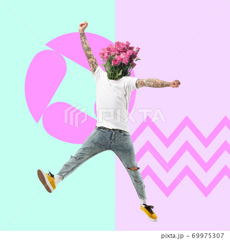 Man's body headed by bunch of pink roses jumping on modern illustrated background. Contemporary art collage. Man's body headed by bunch of pink roses jumping on modern illustrated background. Contemporary art collage. 69975307