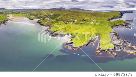 Aerial view of wild coast by Glencolumbkille in County Donegal, Irleand. Aerial view of wild coast by Glencolumbkille in County Donegal, Irleand. 69975375