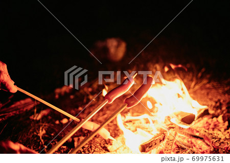 Frying sausages on fire Frying sausages on fire 69975631