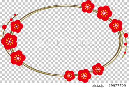 金の枝についた梅の花の横長楕円形フレームのイラスト素材