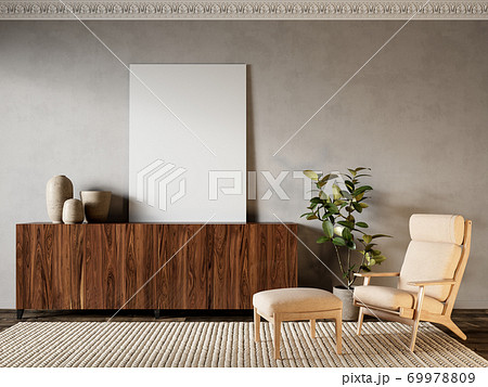 Beige interior with dresser, lounge chair and decor. 3d render illustration mock up. 69978809