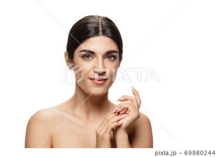 Portrait of beautiful jewish woman isolated on white studio background. Beauty, fashion, skincare, cosmetics concept. 69980244