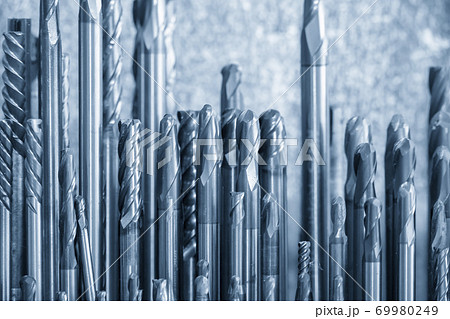 Close-up scene of the used solid  endmill tools. 69980249