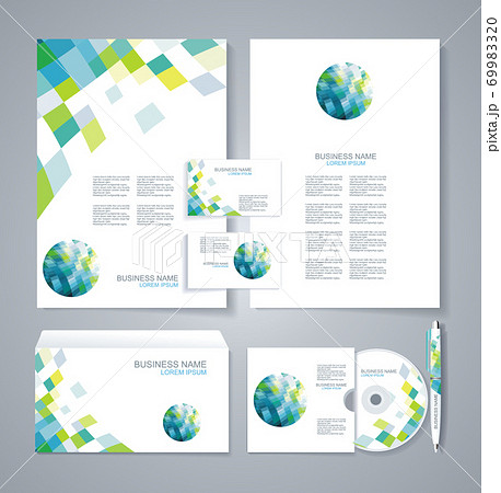 Corporate identity template with blue and green geometric elements. 69983320