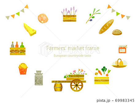 お洒落なファーマーズマーケットのフレーム　水彩テクスチャ 69983345