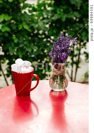 Hot beverage with toasted marshmallows in red mug Hot beverage with toasted marshmallows in red mug 69984391