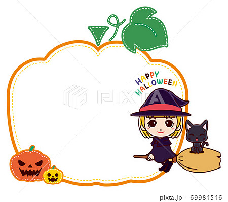 ハロウィンのカボチャと魔女 黒猫のかわいいフレームのイラスト素材