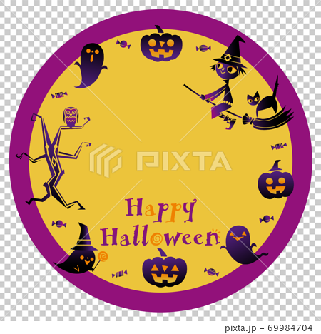 ハロウィン カード かぼちゃ 魔女 猫 かわいいおばけ 丸型 金色 影絵風 メッセージ文字小のイラスト素材