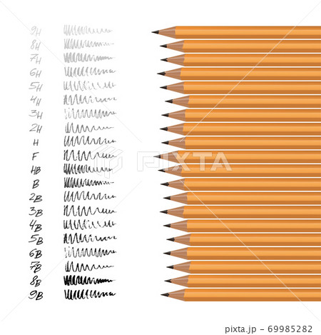 A set of yellow pencils of different hardness with examples of stiffness. Vector image on white background. A set of yellow pencils of different hardness with examples of stiffness. Vector image on white background. 69985282