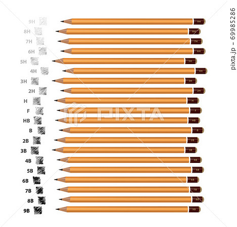 A set of yellow pencils of different hardness with examples of stiffness. Vector image on white background. A set of yellow pencils of different hardness with examples of stiffness. Vector image on white background. 69985286