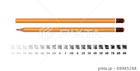 Yellow wooden pencil with strokes showing the gradations of the existing stiffness of the stylus. Vector illustration Yellow wooden pencil with strokes showing the gradations of the existing stiffness of the stylus. Vector illustration 69985288