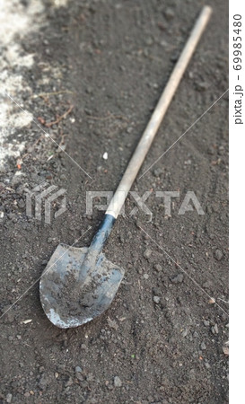 Old dirty shovel lying on soil in garden, green farming concept, selective focus 69985480