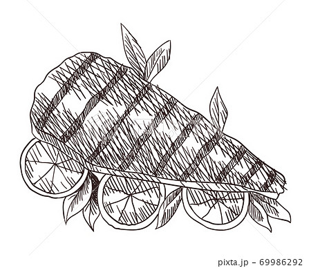 Meat top view frame. Engraved design. Fish on lemon prepared to bbq design template. Vintage hand drawn sketch vector illustration. Good nutrition 69986292